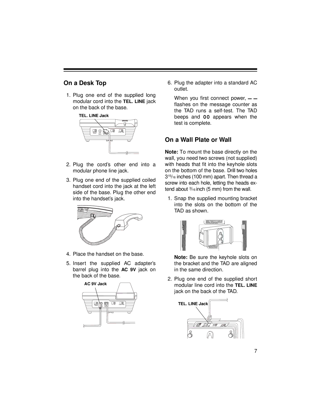 Radio Shack TAD-759 owner manual On a Desk Top, On a Wall Plate or Wall 