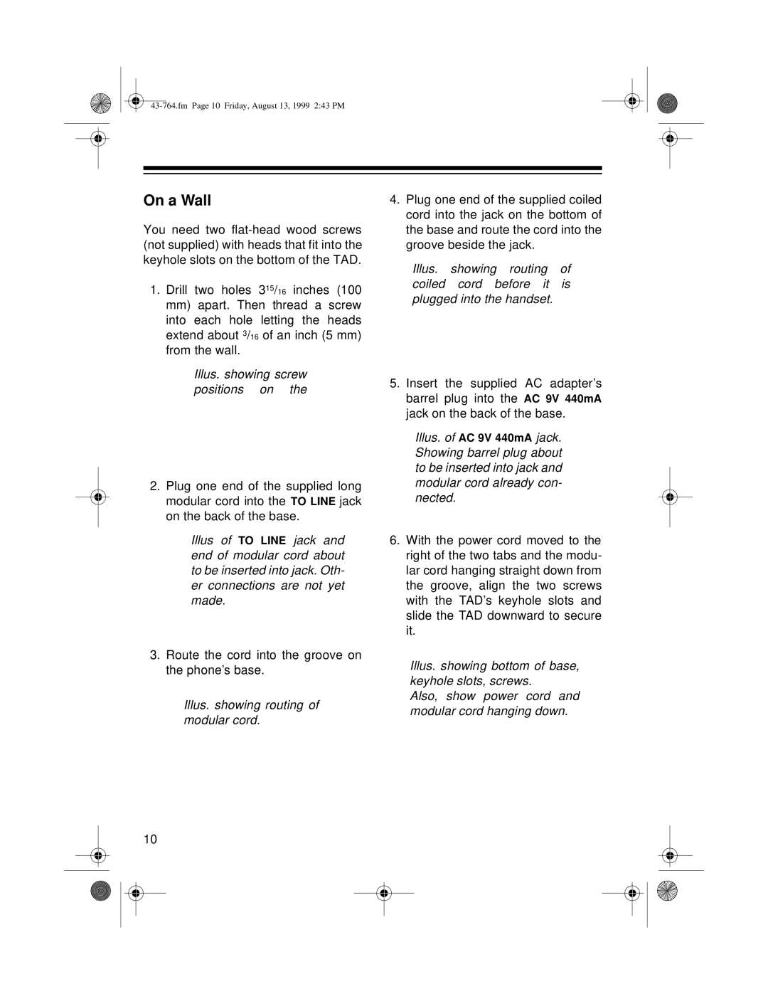 Radio Shack TAD-764 owner manual On a Wall, Illus. showing screw positions on 