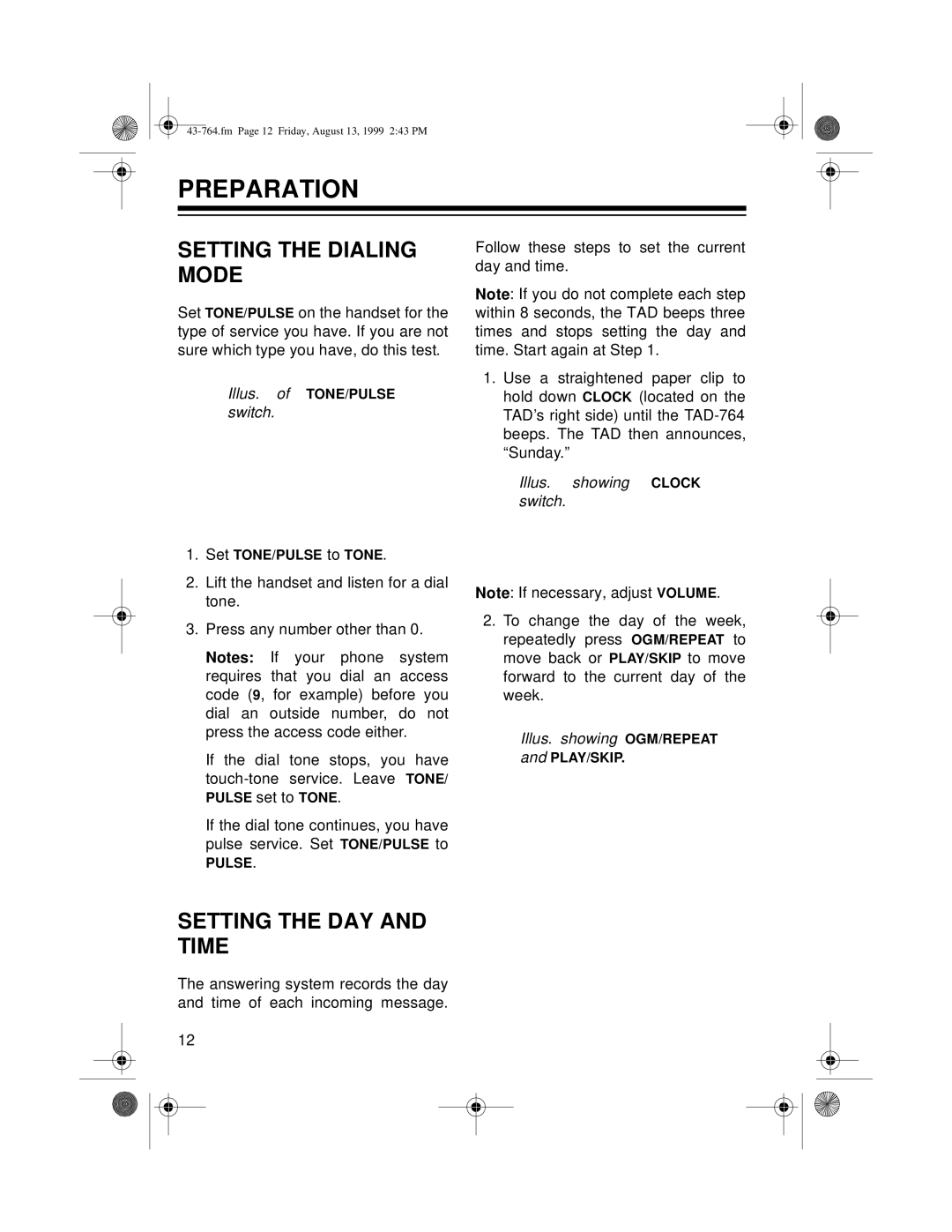 Radio Shack TAD-764 Preparation, Setting the Dialing Mode, Setting the DAY and Time, Illus. showing Clock switch 