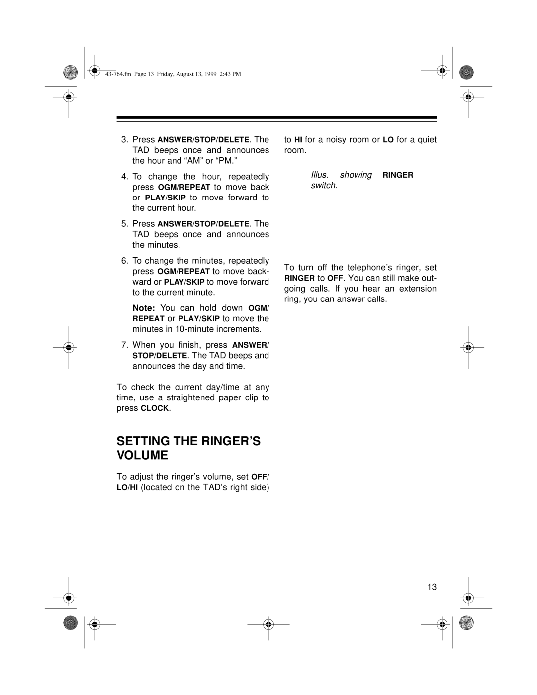 Radio Shack TAD-764 owner manual Setting the RINGER’S Volume, Illus. showing Ringer switch 