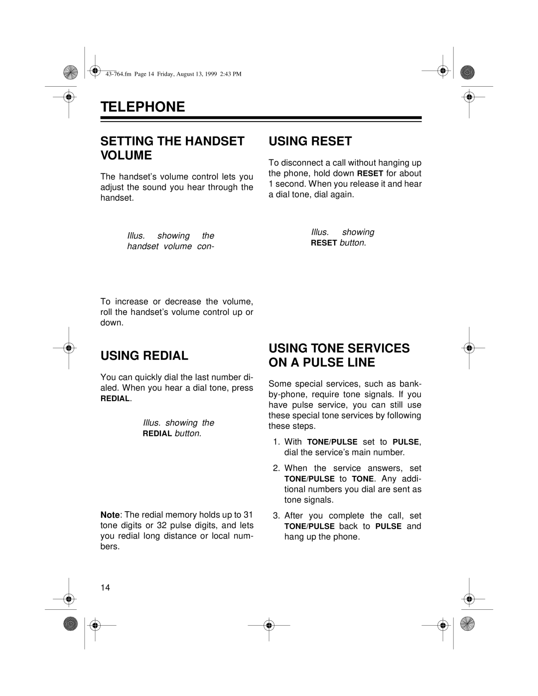 Radio Shack TAD-764 Telephone, Setting the Handset Volume, Using Reset, Using Redial, Using Tone Services on a Pulse Line 