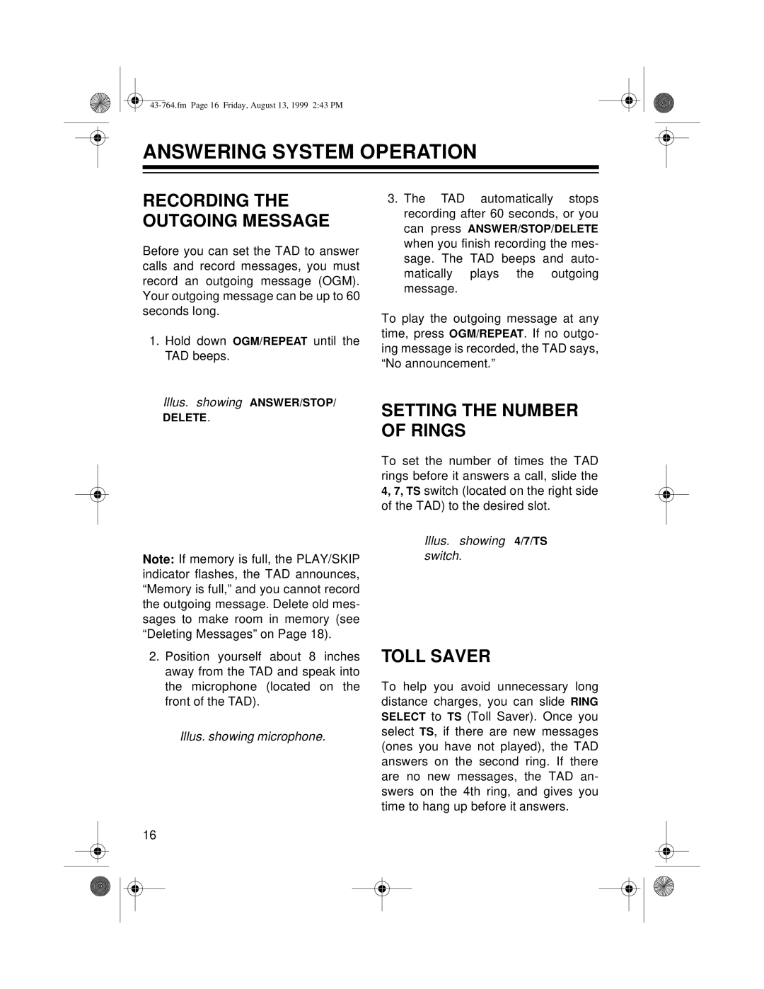 Radio Shack TAD-764 Answering System Operation, Setting the Number of Rings, Toll Saver, Illus. showing microphone 