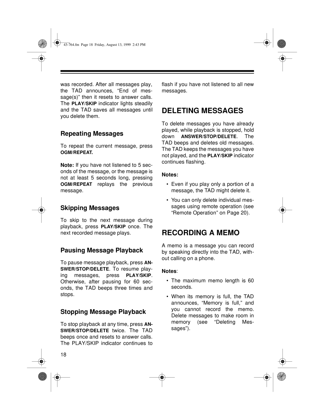 Radio Shack TAD-764 owner manual Deleting Messages, Recording a Memo 