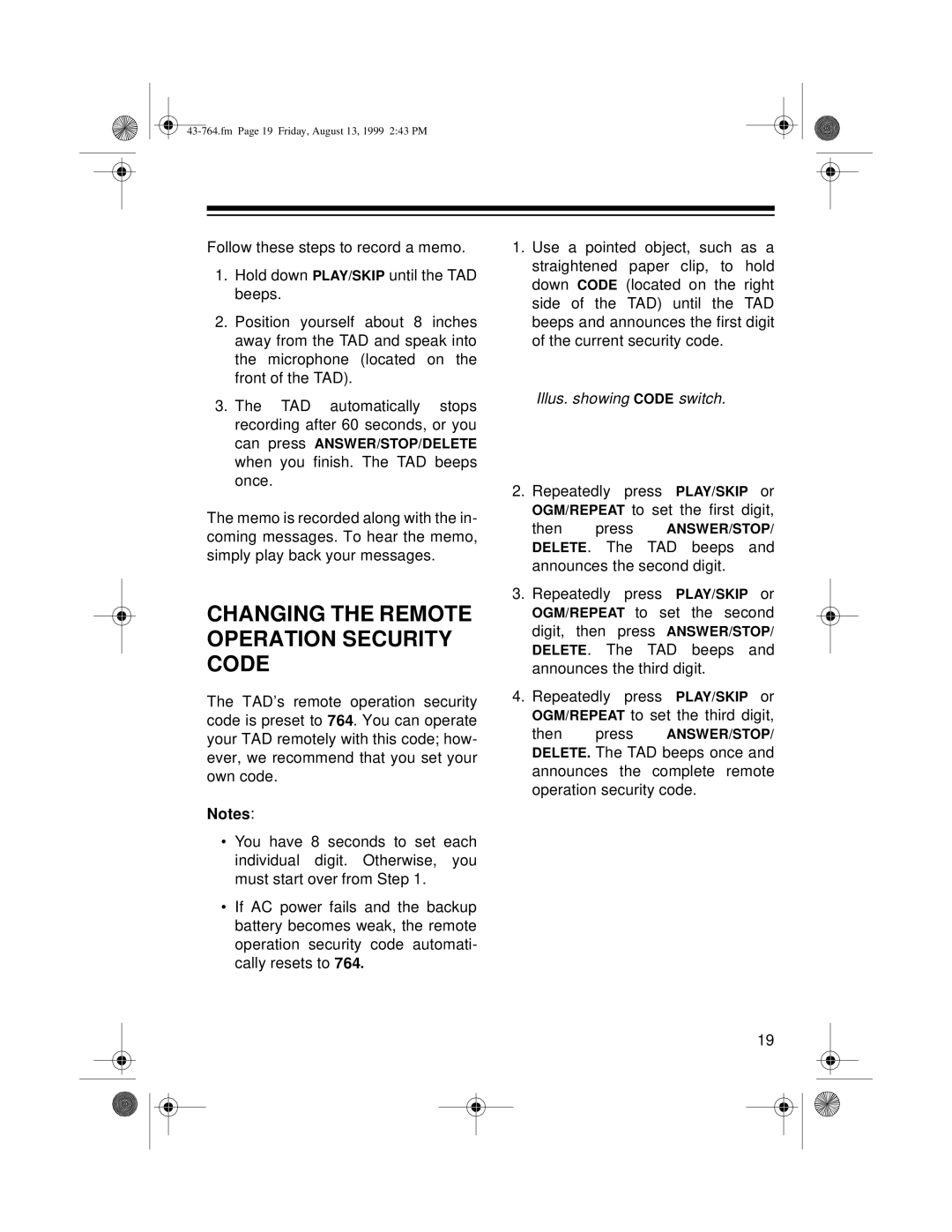 Radio Shack TAD-764 owner manual Changing the Remote Operation Security Code, Illus. showing Code switch 