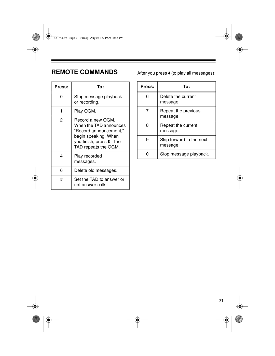 Radio Shack TAD-764 owner manual Remote Commands, Press 