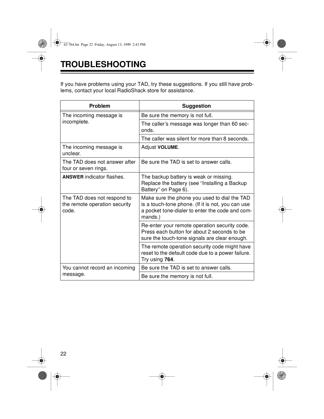 Radio Shack TAD-764 owner manual Troubleshooting, Problem Suggestion 