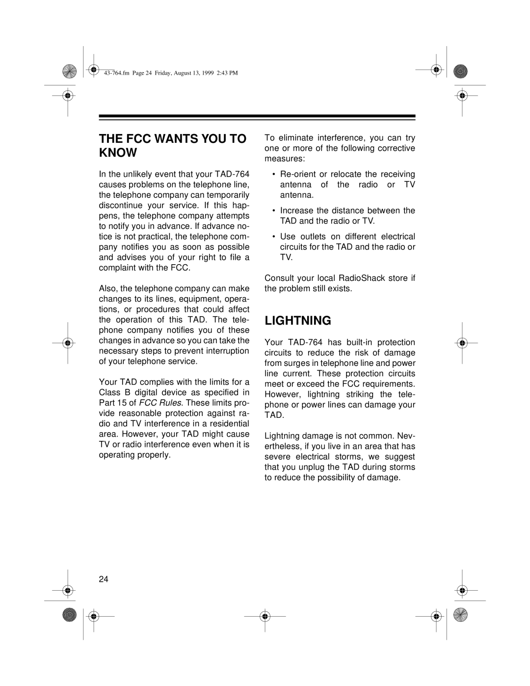 Radio Shack TAD-764 owner manual FCC Wants YOU to Know, Lightning 