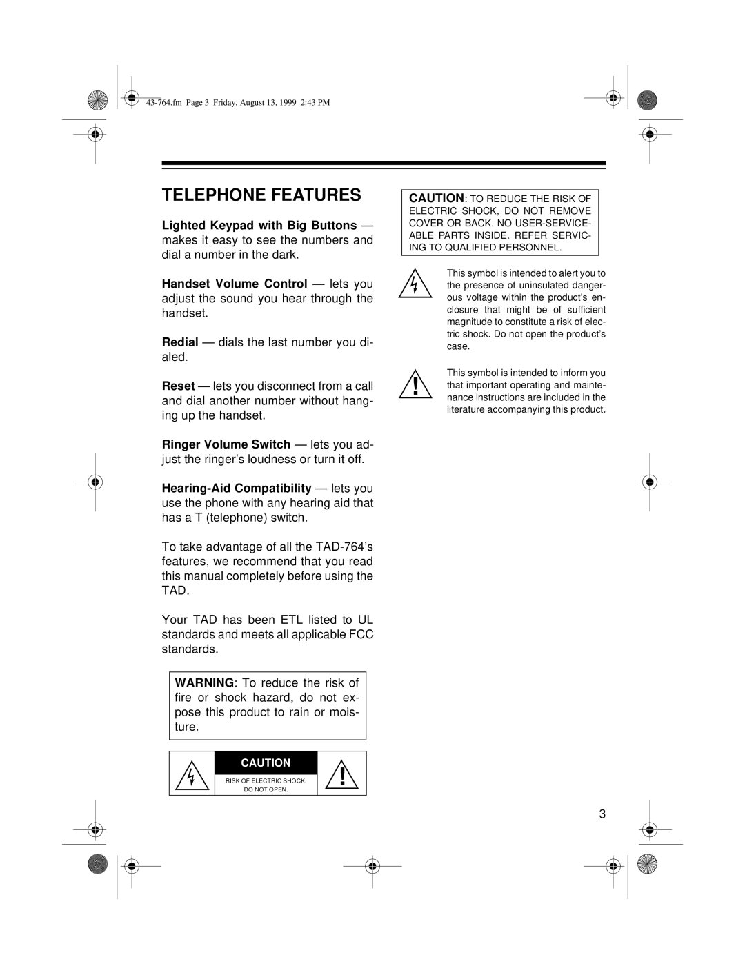 Radio Shack TAD-764 owner manual Telephone Features 