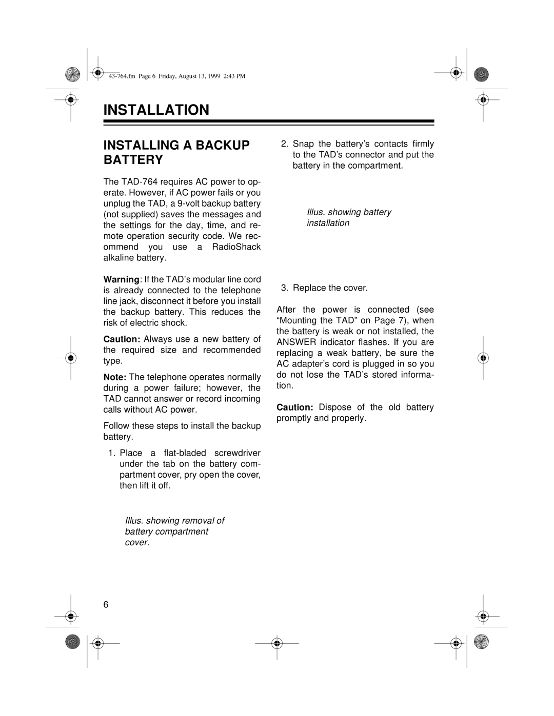 Radio Shack TAD-764 owner manual Installation, Installing a Backup Battery, Illus. showing battery installation 