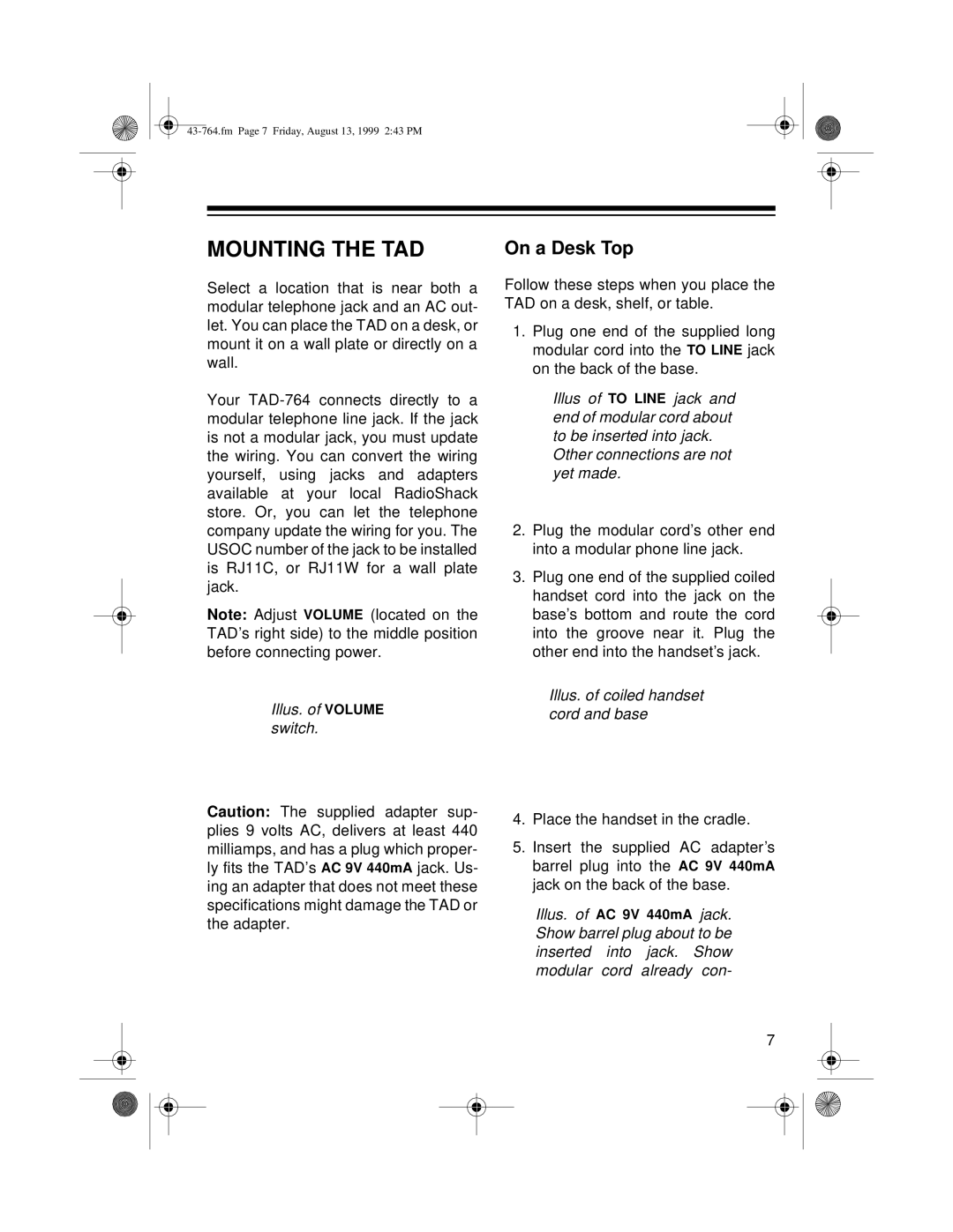 Radio Shack TAD-764 owner manual Mounting the TAD, On a Desk Top 