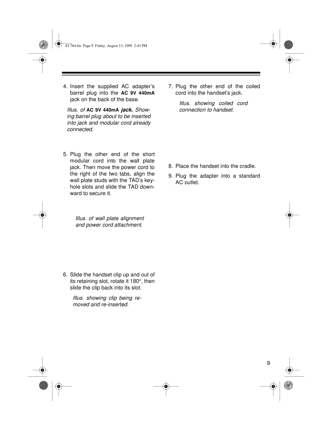 Radio Shack TAD-764 owner manual Illus. of wall plate alignment and power cord attachment 