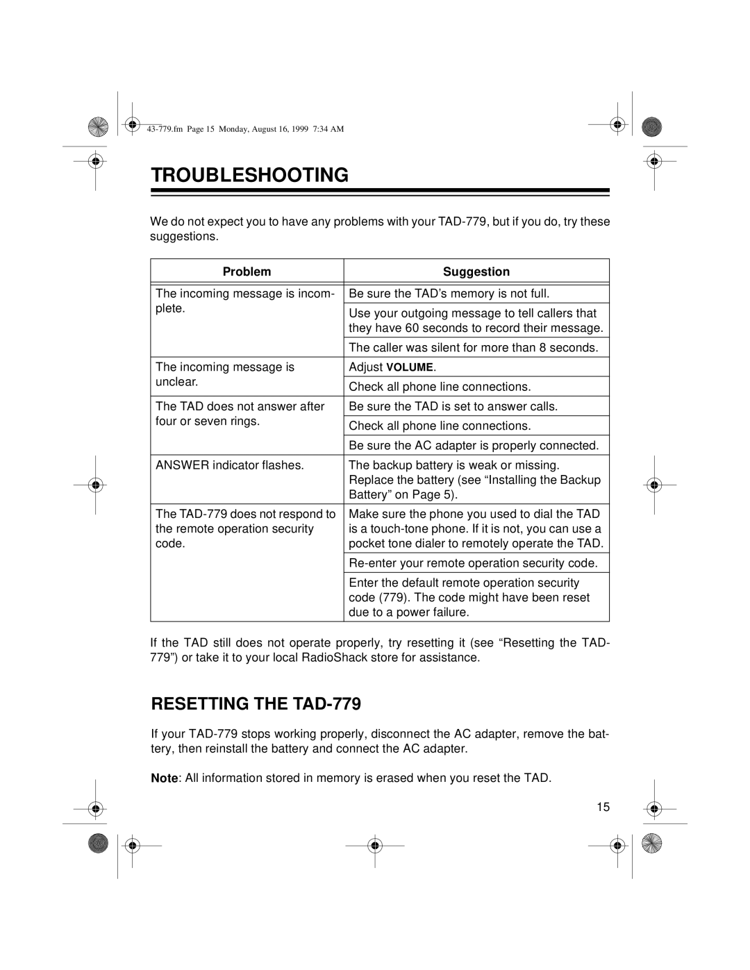 Radio Shack owner manual Troubleshooting, Resetting the TAD-779 