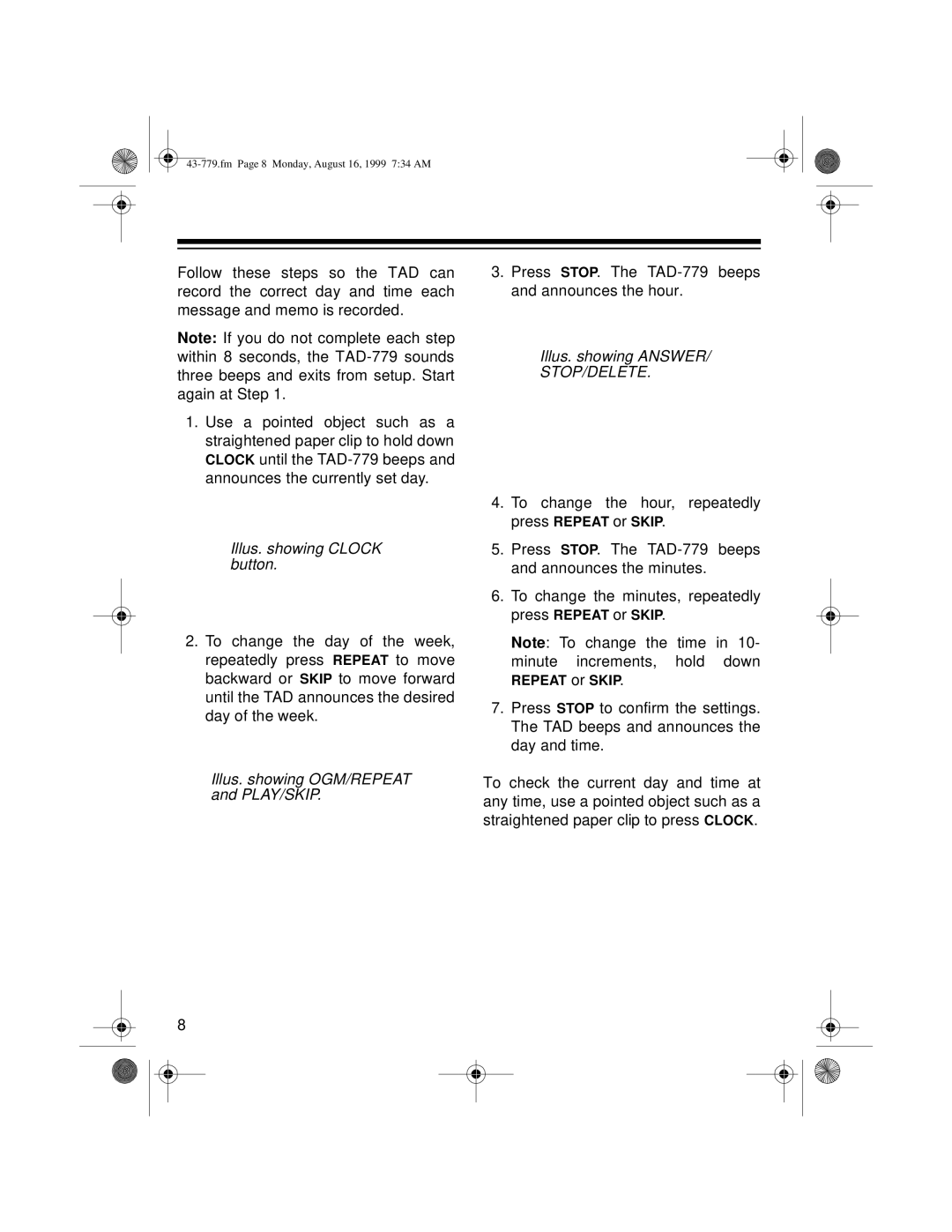 Radio Shack TAD-779 Illus. showing Clock button, Illus. showing OGM/REPEAT and PLAY/SKIP, Illus. showing Answer 