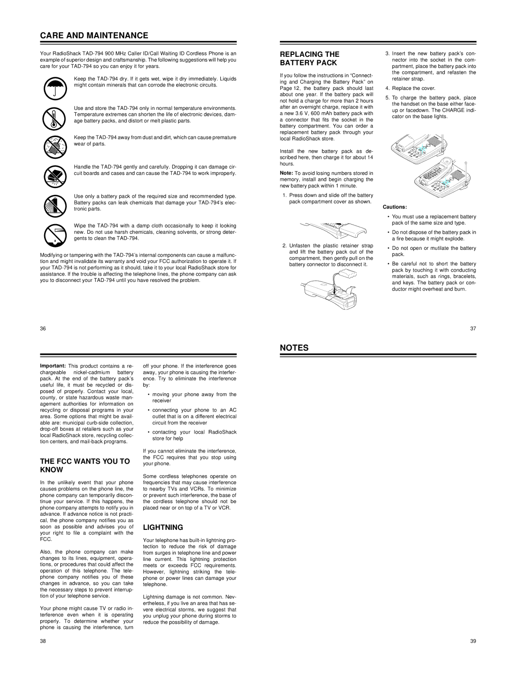 Radio Shack TAD-794 owner manual Care and Maintenance, Replacing Battery Pack, FCC Wants YOU to Know, Lightning 