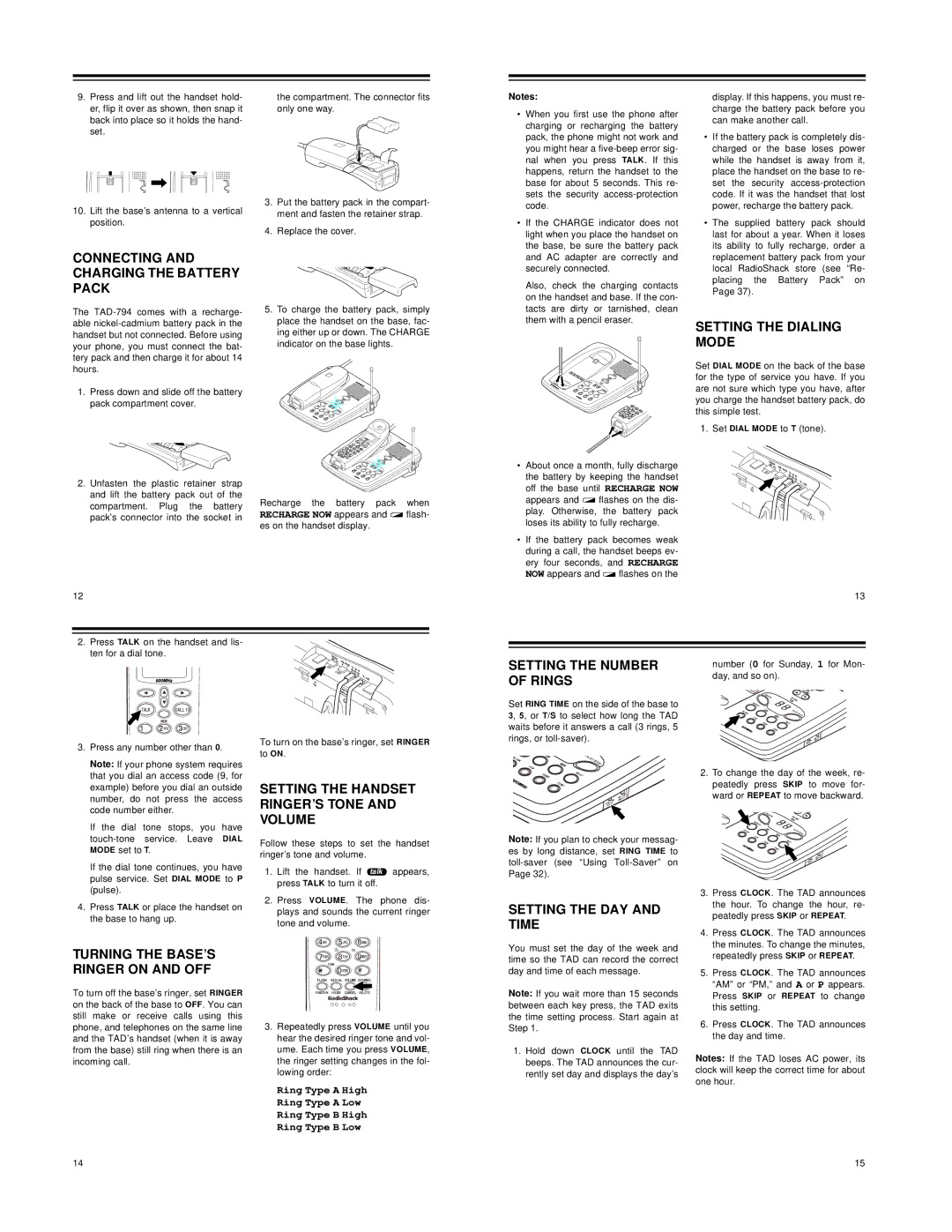 Radio Shack TAD-794 Connecting and Charging the Battery Pack, Setting the Dialing Mode, Setting the Number of Rings 