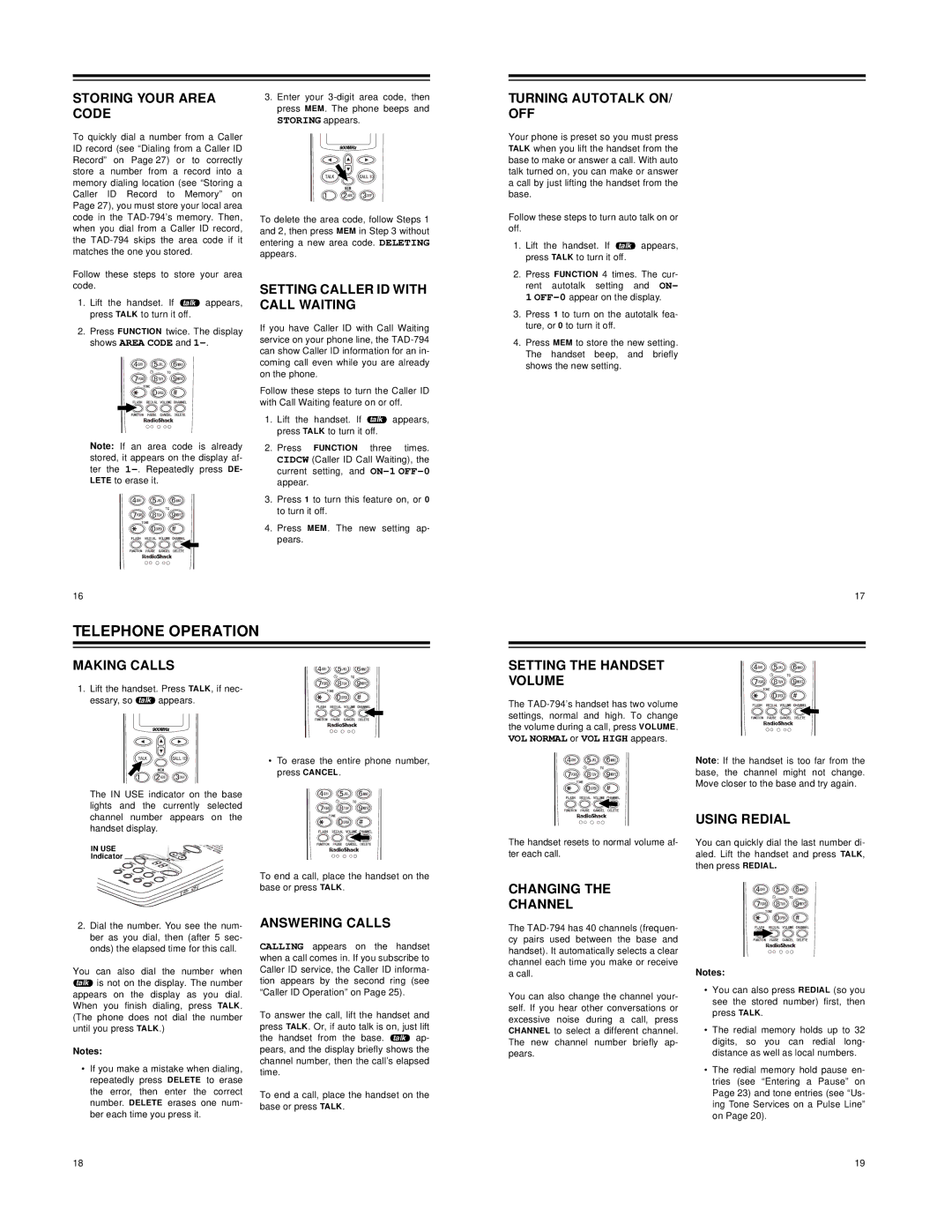 Radio Shack TAD-794 owner manual Telephone Operation 