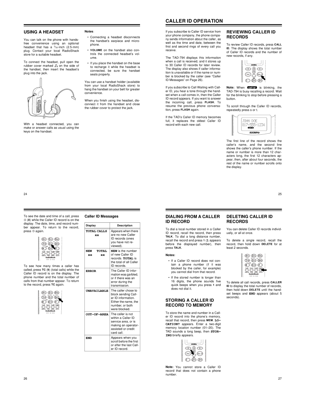 Radio Shack TAD-794 owner manual Caller ID Operation 