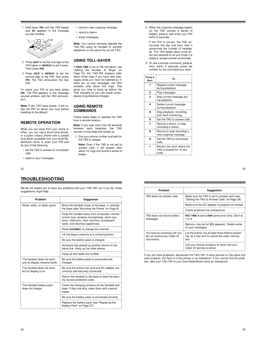 Radio Shack TAD-794 Troubleshooting, Using TOLL-SAVER, Remote Operation, Using Remote Commands, Problem Suggestion 