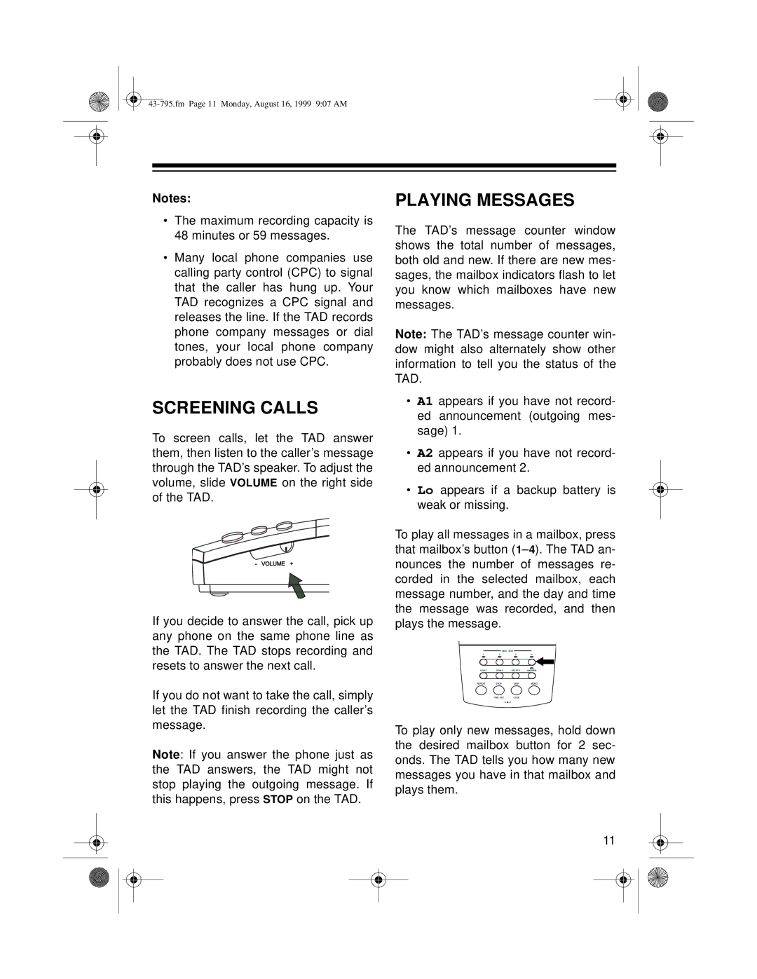 Radio Shack TAD-795 owner manual Screening Calls, Playing Messages 