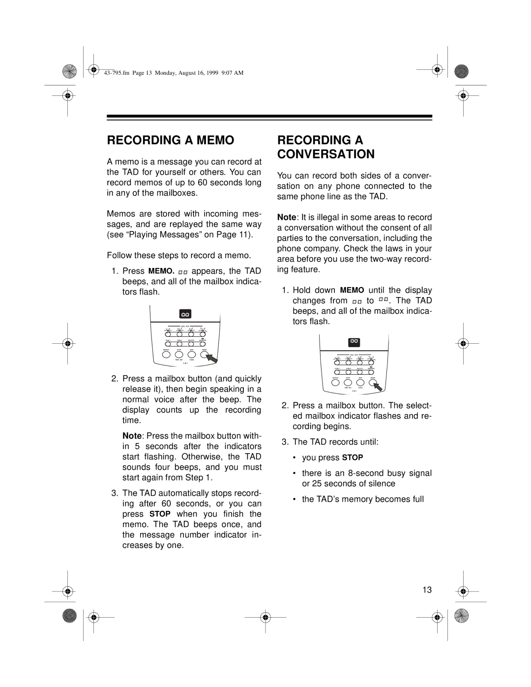 Radio Shack TAD-795 owner manual Recording a Memo, Recording a Conversation 