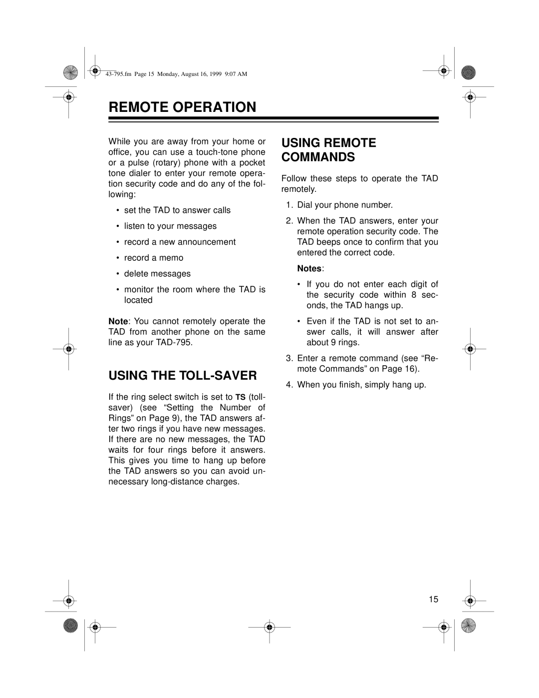 Radio Shack TAD-795 owner manual Remote Operation, Using the TOLL-SAVER, Using Remote Commands 