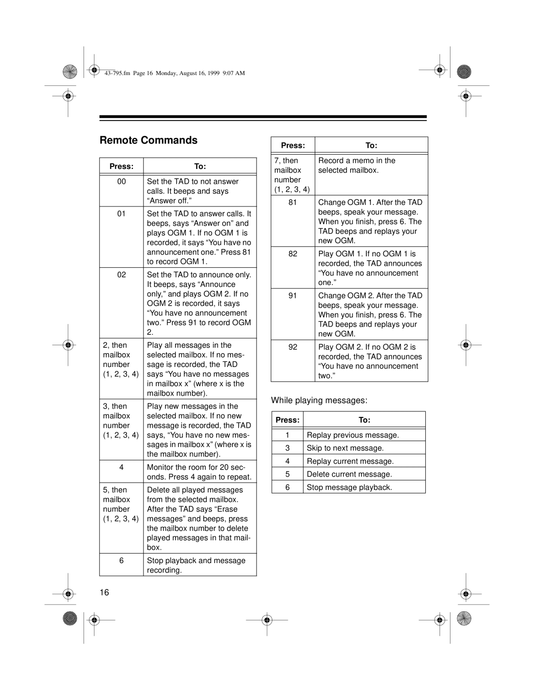 Radio Shack TAD-795 owner manual Remote Commands 