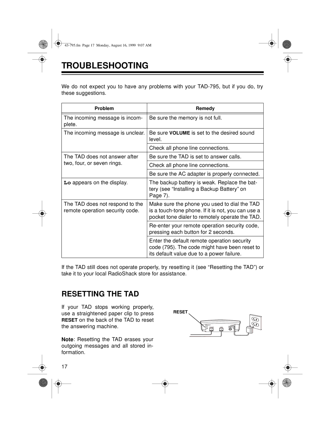 Radio Shack TAD-795 owner manual Troubleshooting, Resetting the TAD 