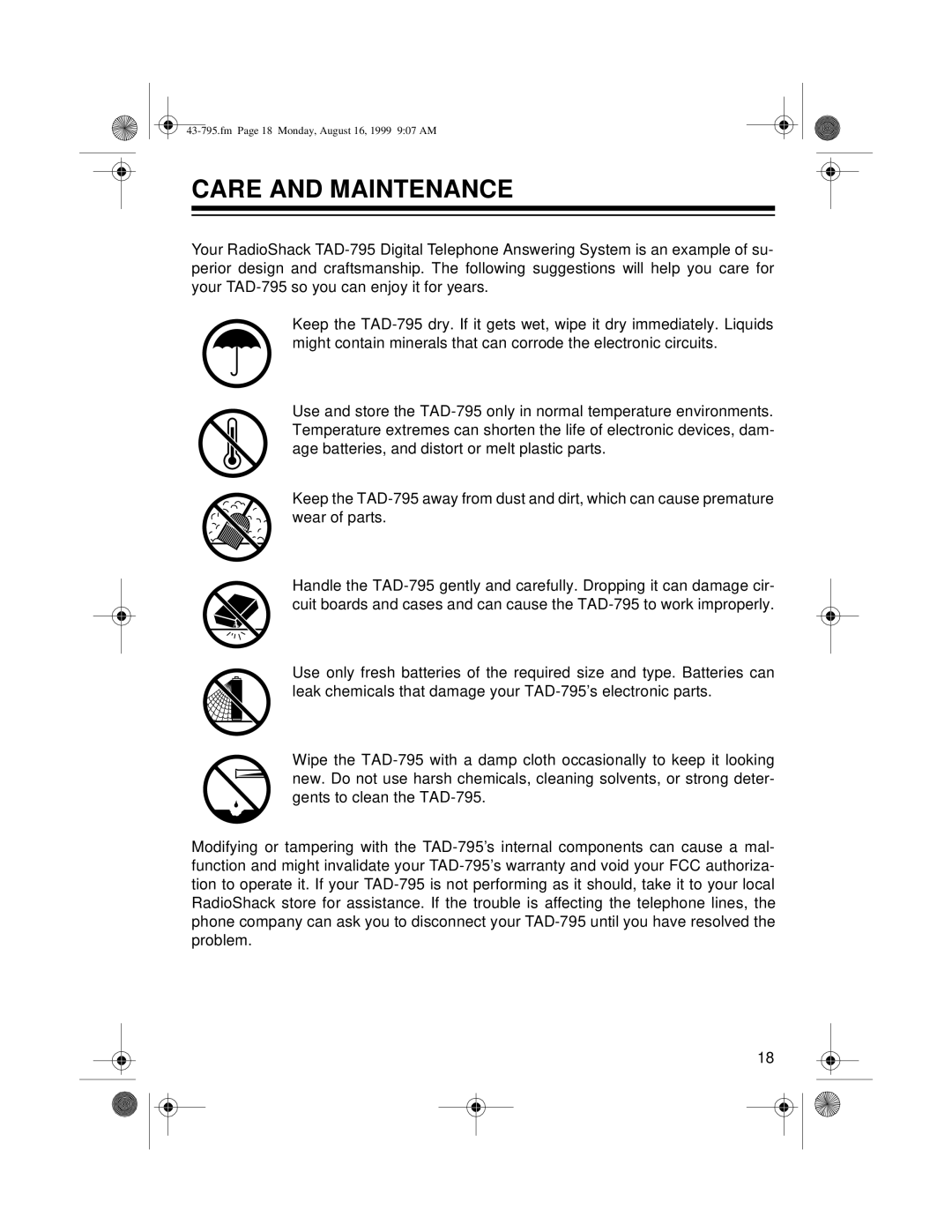 Radio Shack TAD-795 owner manual Care and Maintenance 