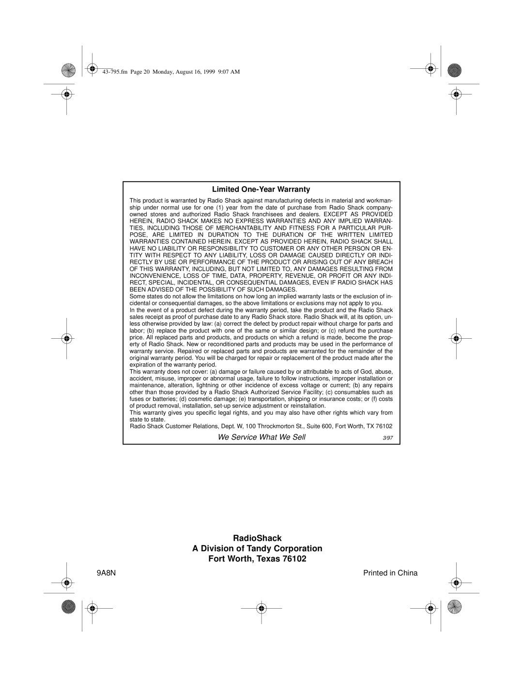 Radio Shack TAD-795 owner manual RadioShack Division of Tandy Corporation Fort Worth, Texas 