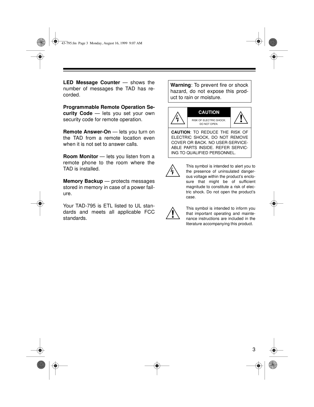 Radio Shack TAD-795 owner manual LED Message Counter shows 