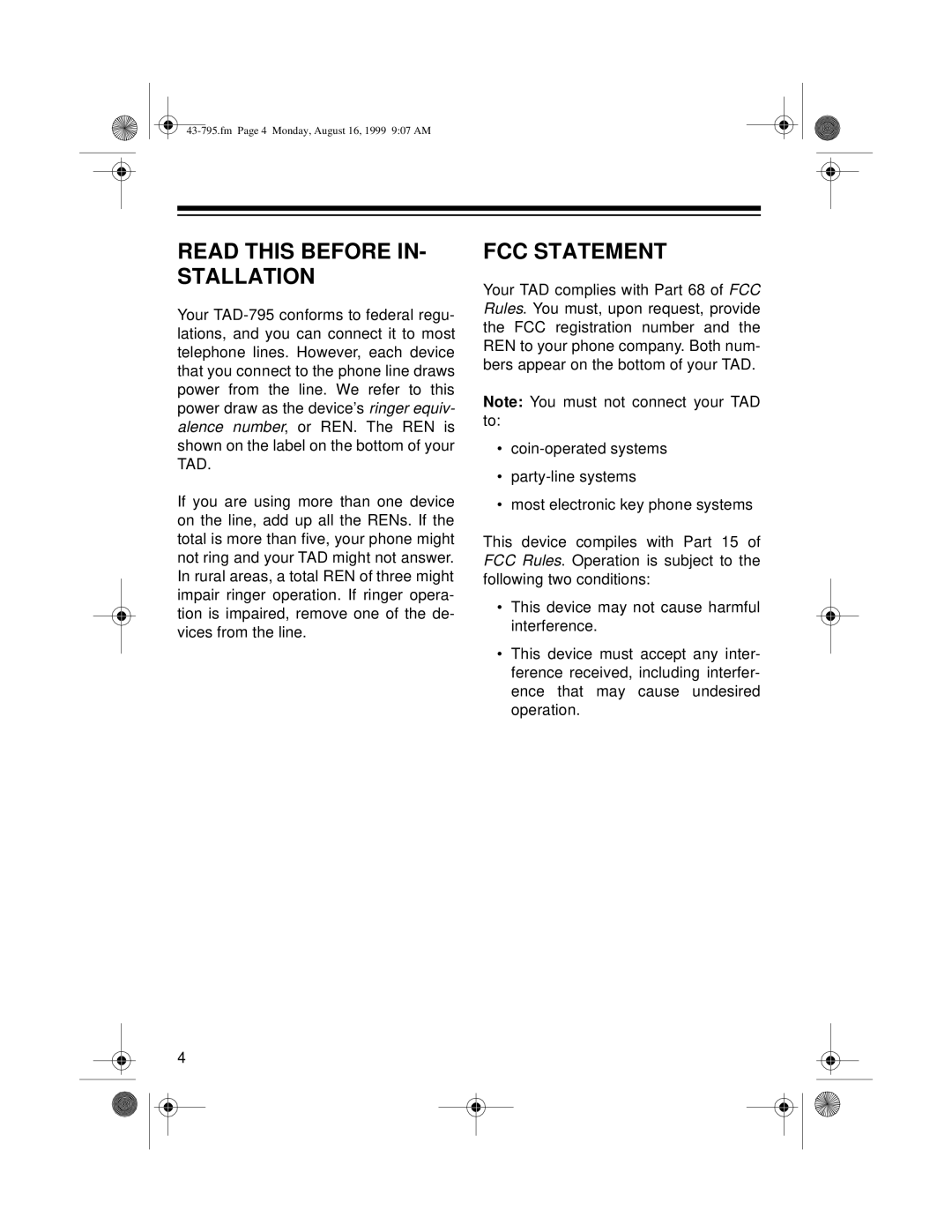 Radio Shack TAD-795 owner manual Read this Before IN- Stallation, FCC Statement 