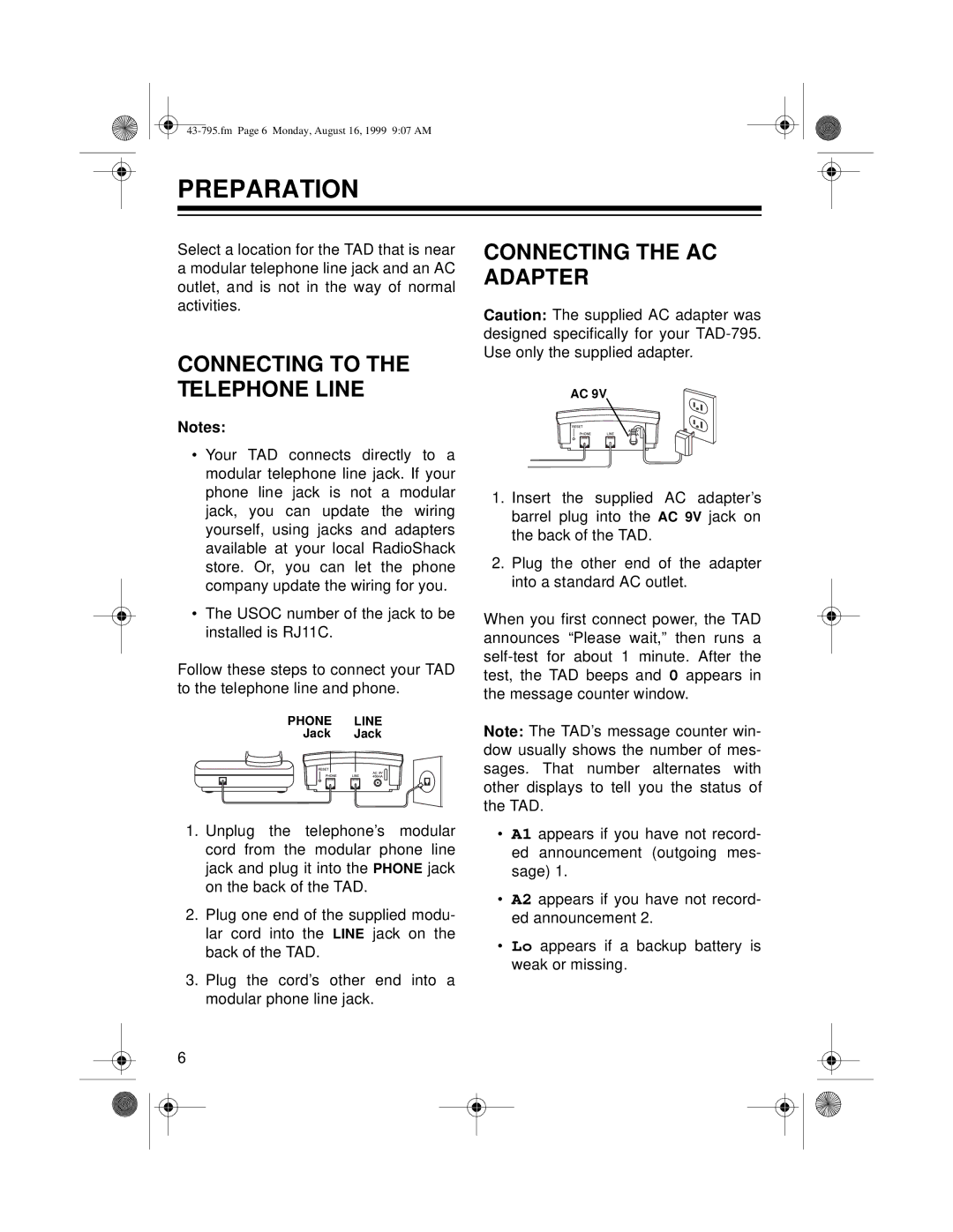 Radio Shack TAD-795 owner manual Preparation, Connecting the AC Adapter 