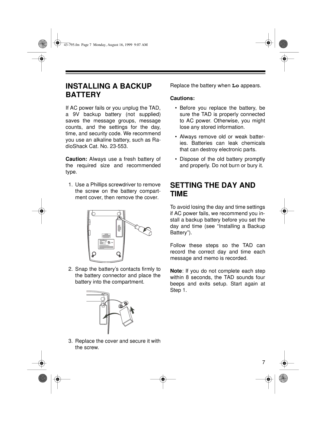 Radio Shack TAD-795 owner manual Installing a Backup Battery, Setting the DAY and Time 