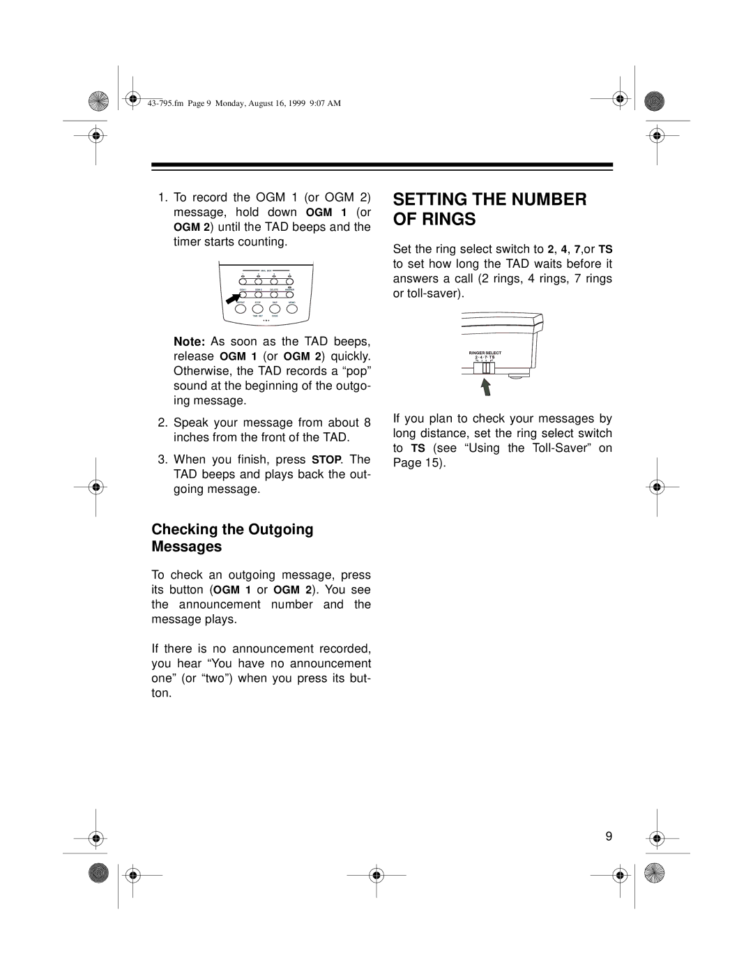 Radio Shack TAD-795 owner manual Setting the Number of Rings, Checking the Outgoing Messages 