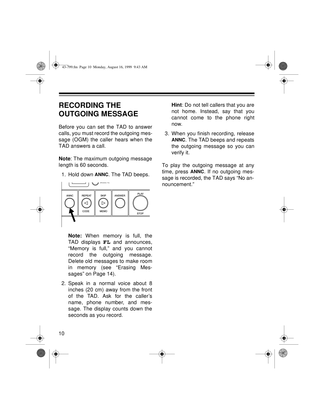 Radio Shack TAD-799 owner manual Recording the Outgoing Message 