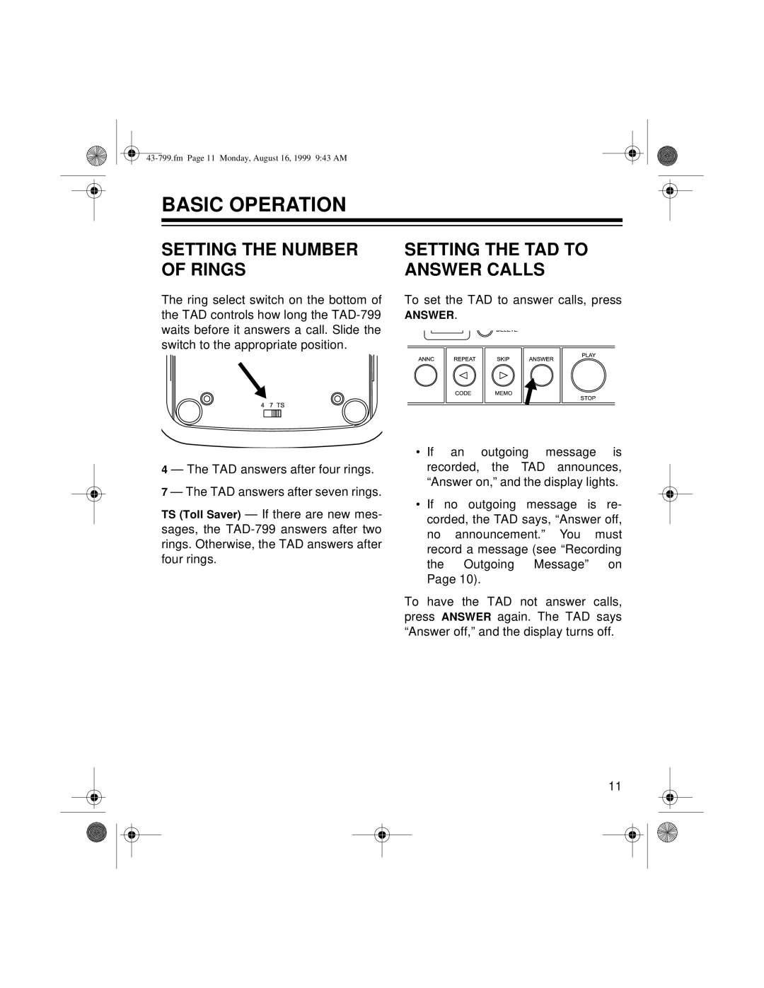 Radio Shack TAD-799 owner manual Basic Operation, Setting the Number of Rings, Setting the TAD to Answer Calls 