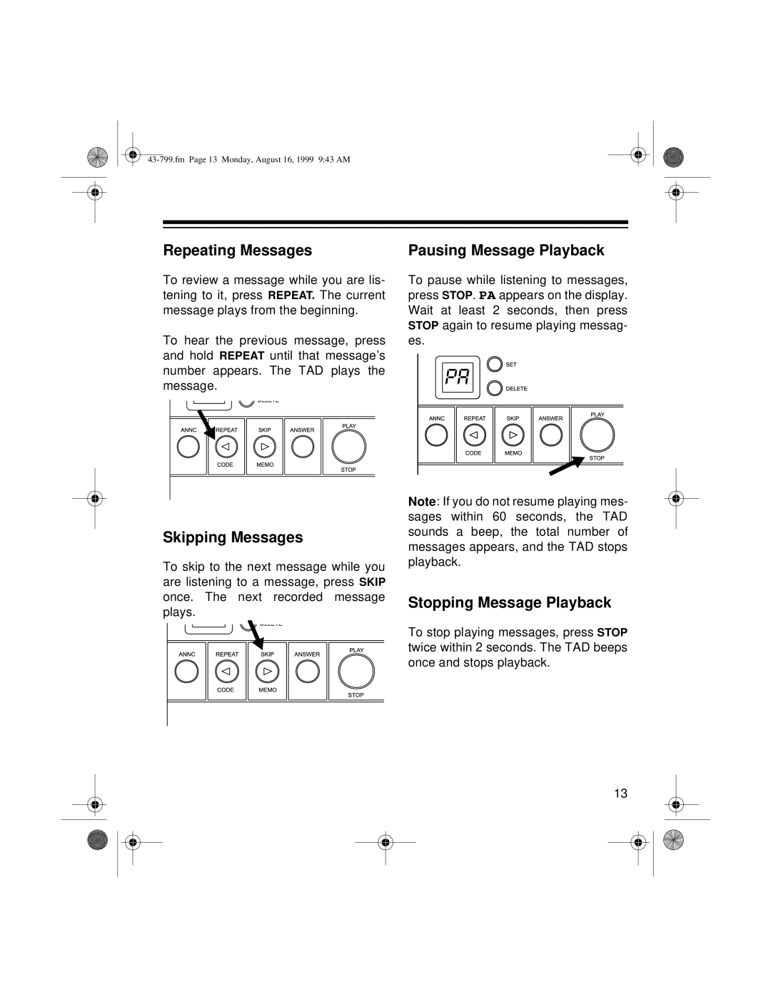 Radio Shack TAD-799 owner manual Repeating Messages 