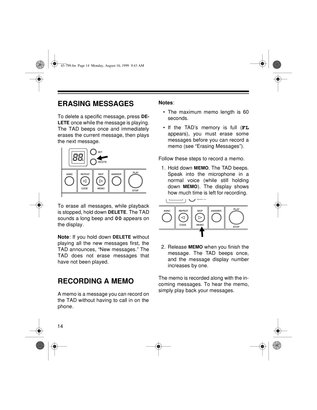 Radio Shack TAD-799 owner manual Erasing Messages, Recording a Memo 