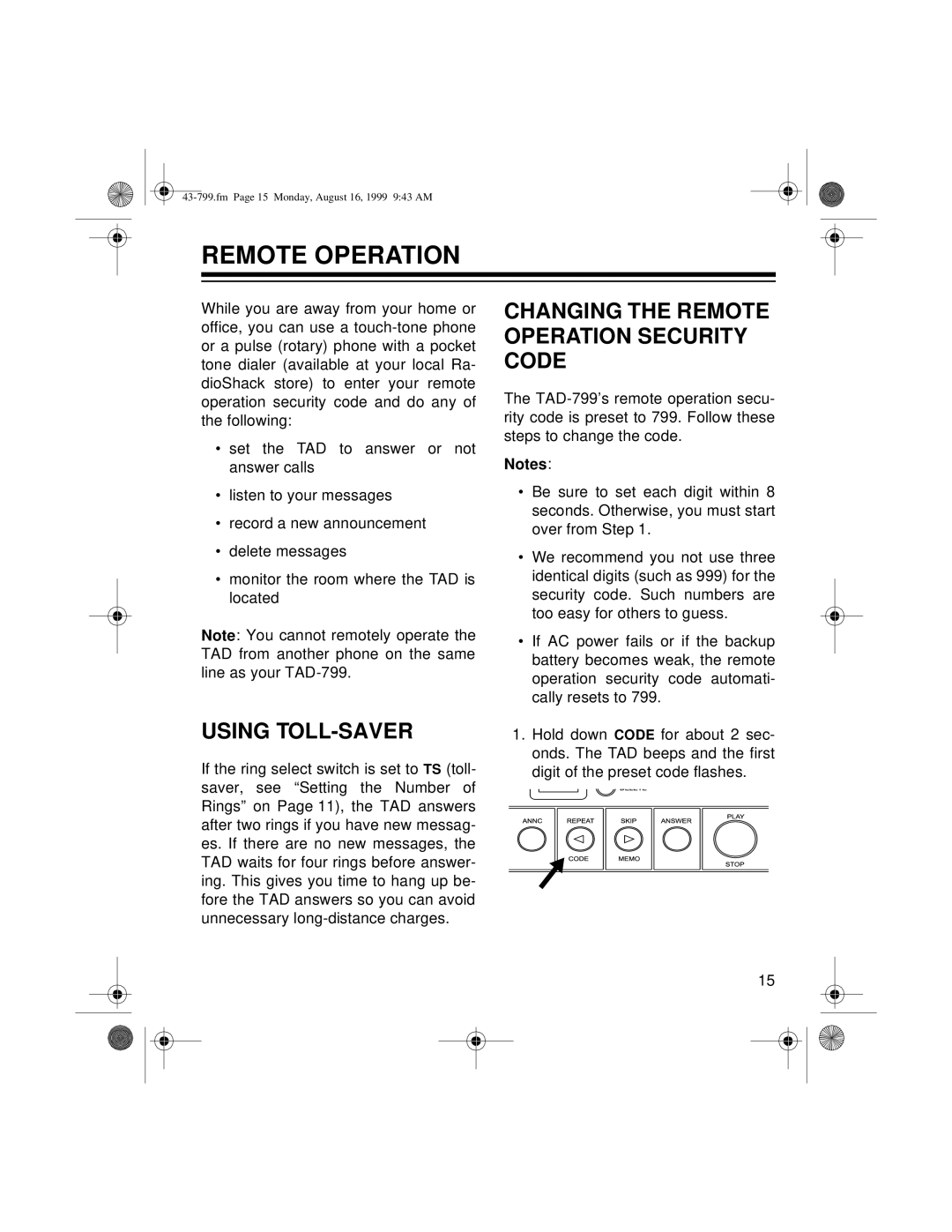 Radio Shack TAD-799 owner manual Using TOLL-SAVER, Changing the Remote Operation Security Code 