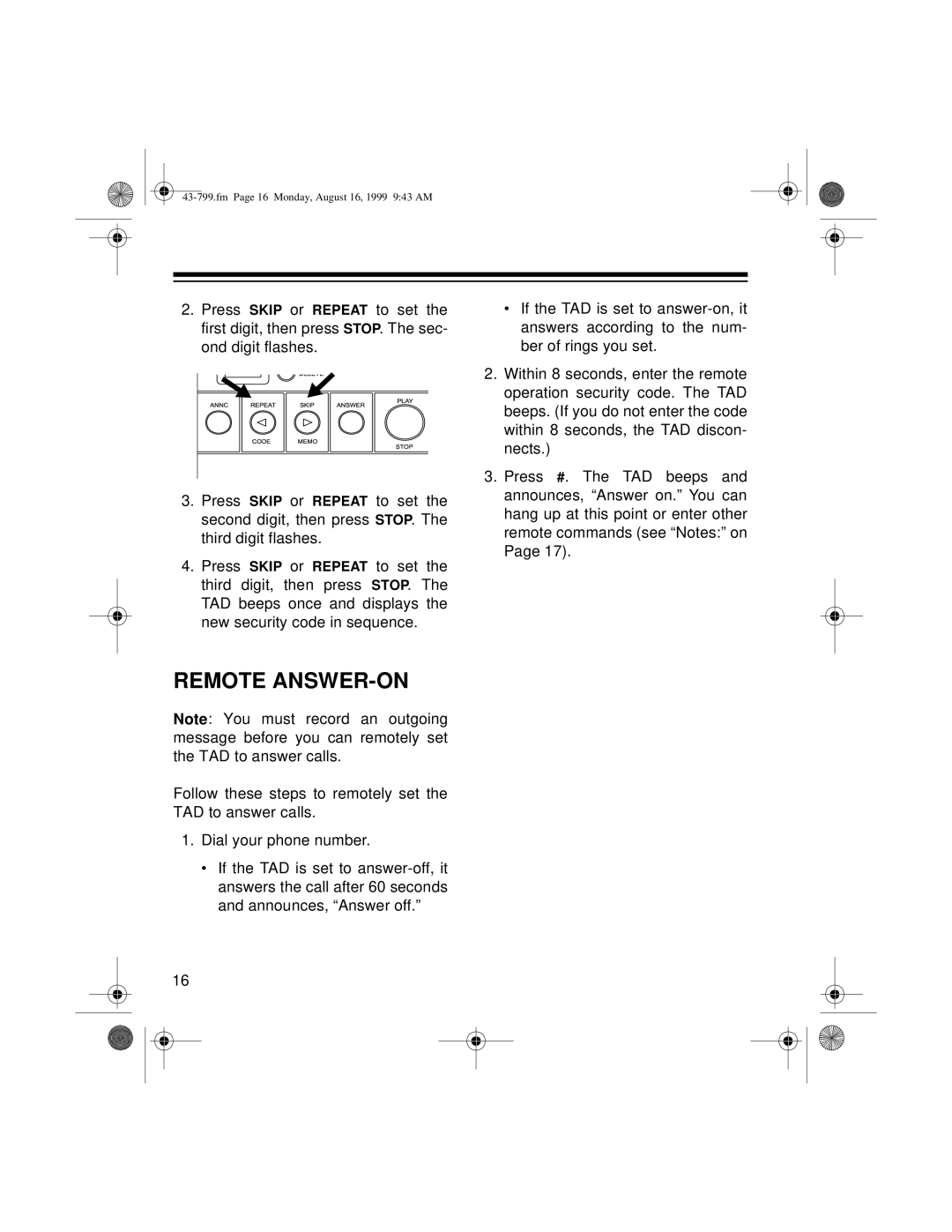 Radio Shack TAD-799 owner manual Remote ANSWER-ON 