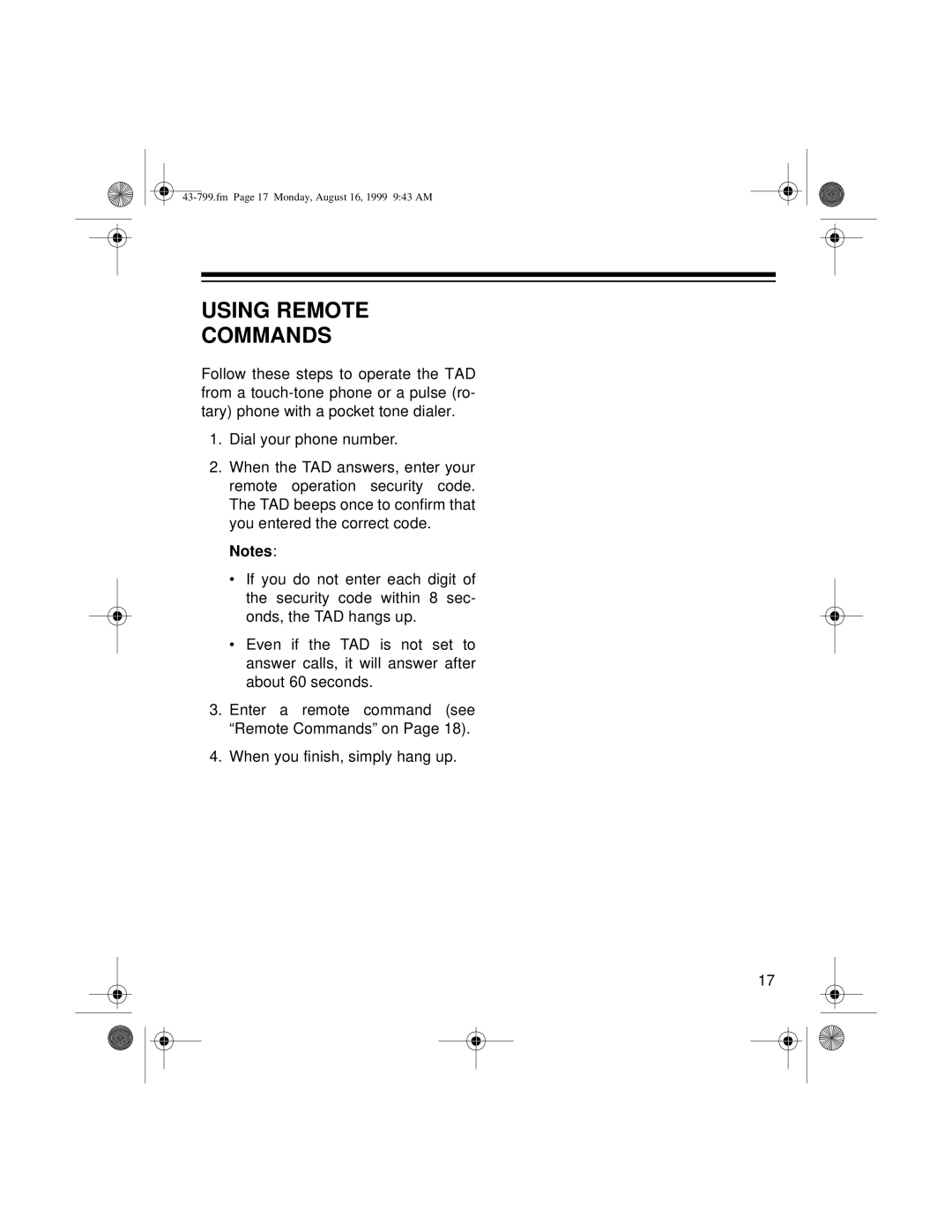 Radio Shack TAD-799 owner manual Using Remote Commands 