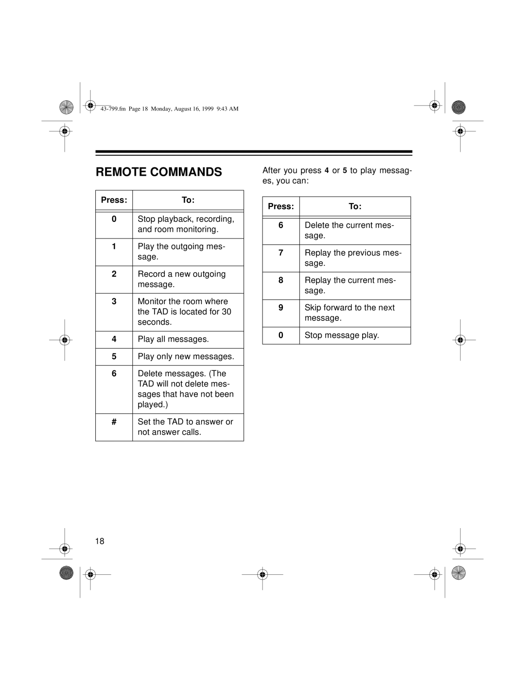 Radio Shack TAD-799 owner manual Remote Commands, Press 