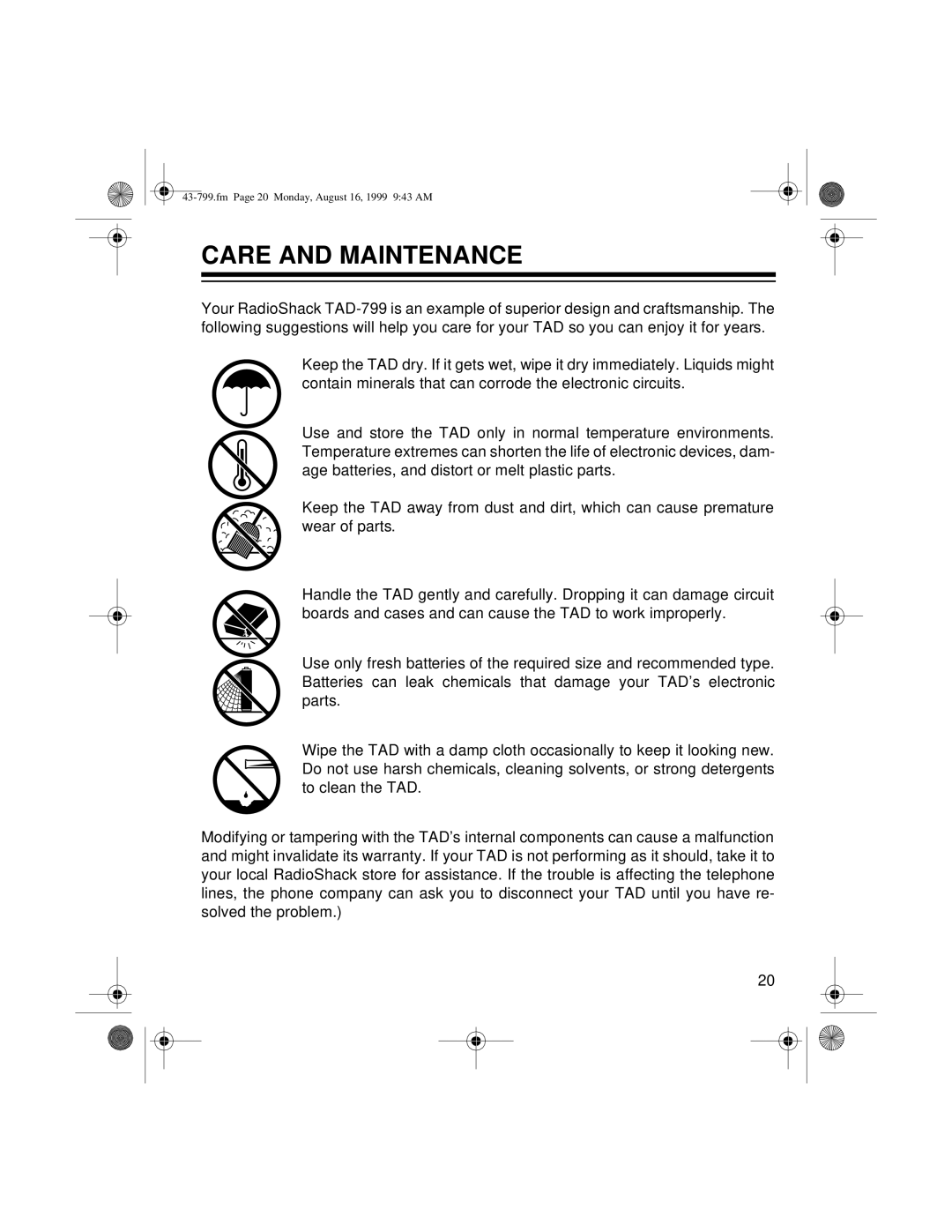 Radio Shack TAD-799 owner manual Care and Maintenance 