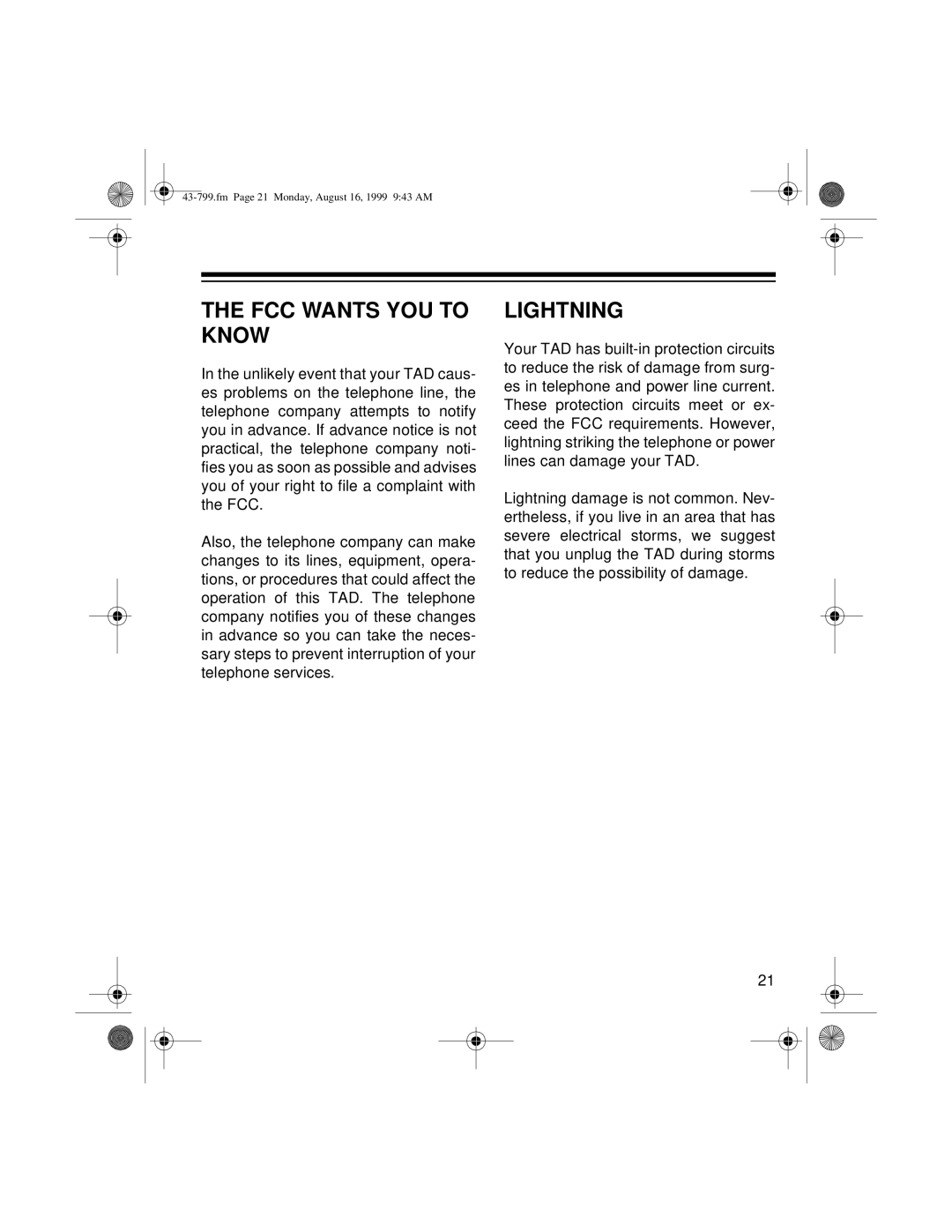 Radio Shack TAD-799 owner manual FCC Wants YOU to Know, Lightning 