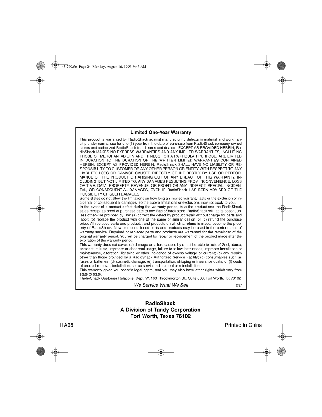 Radio Shack TAD-799 owner manual RadioShack Division of Tandy Corporation Fort Worth, Texas 