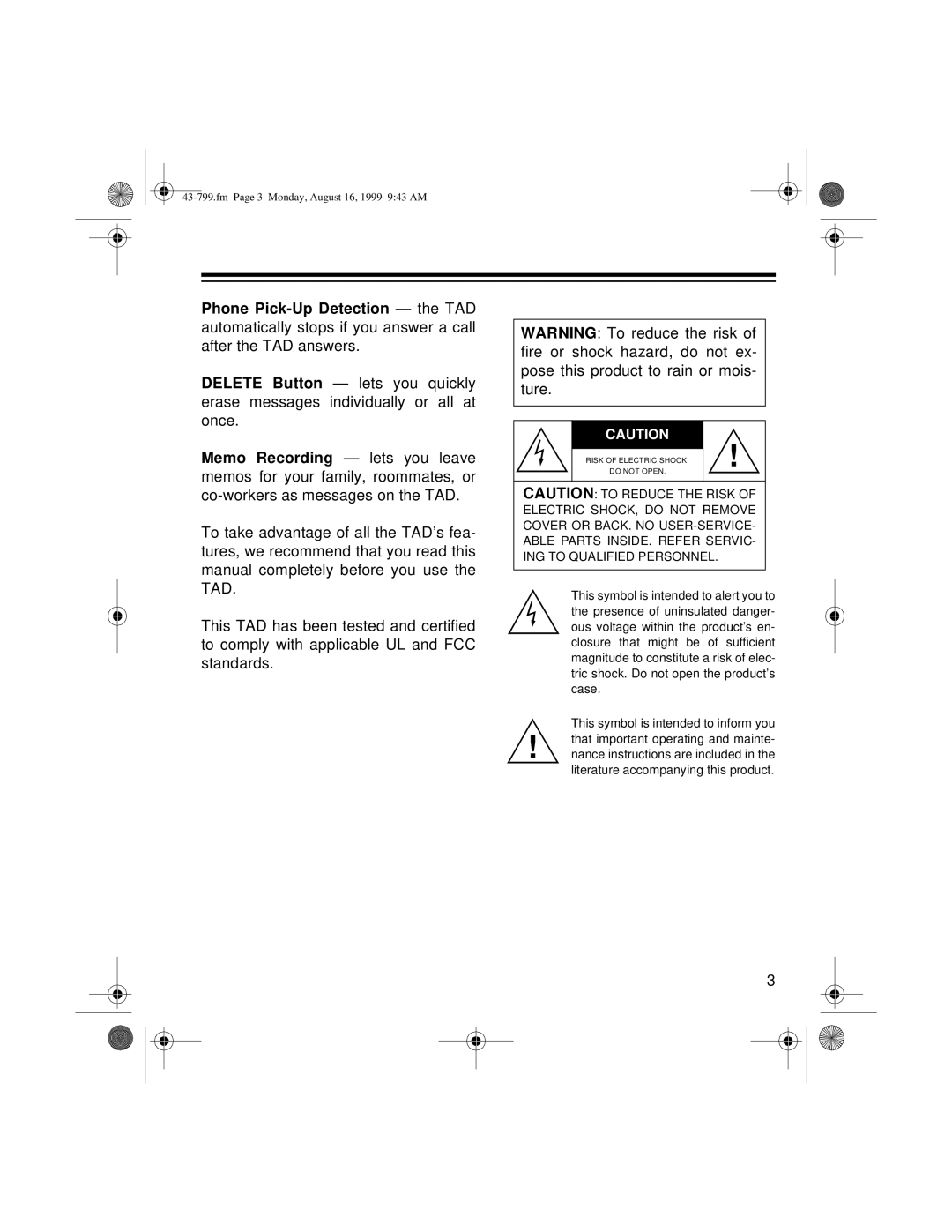 Radio Shack TAD-799 owner manual Fm Page 3 Monday, August 16, 1999 943 AM 