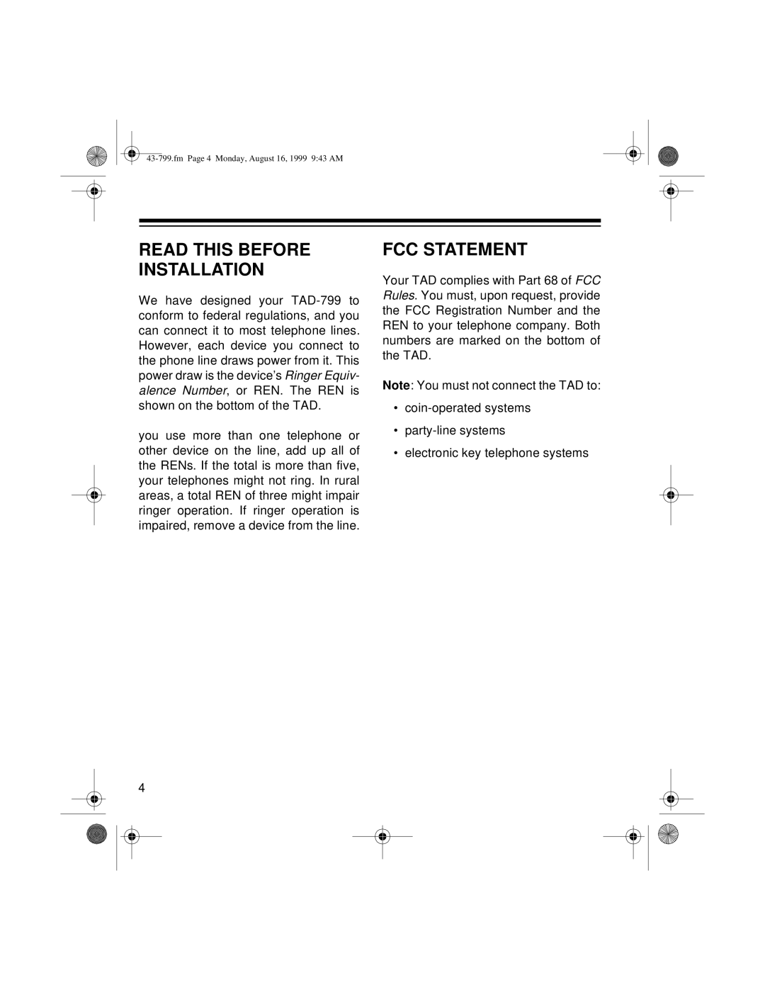 Radio Shack TAD-799 owner manual Read this Before Installation, FCC Statement 