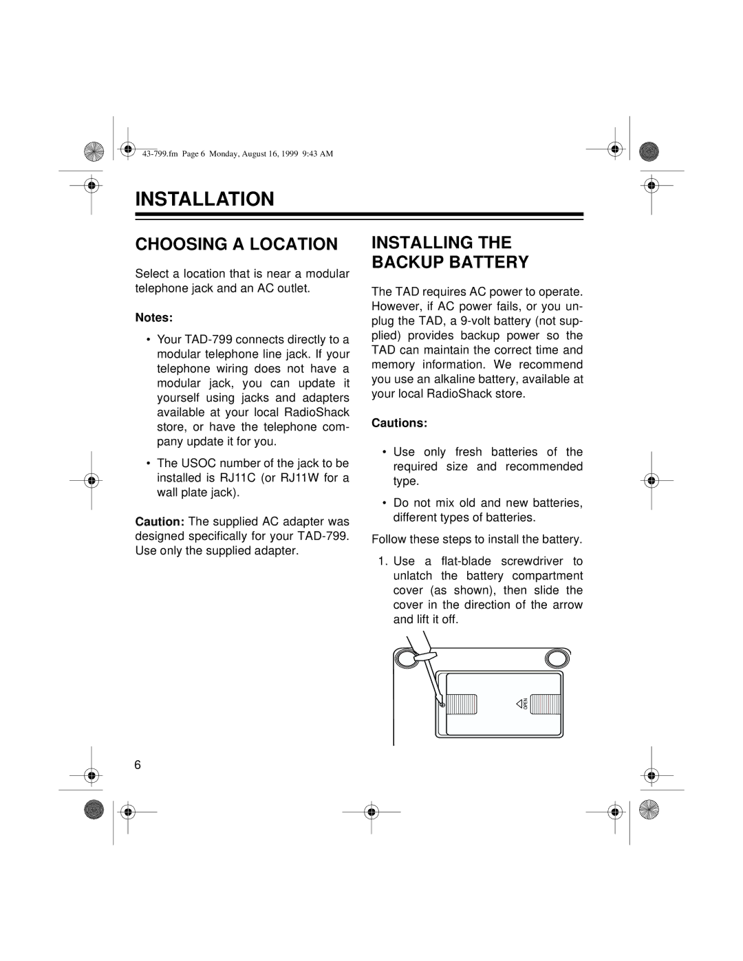 Radio Shack TAD-799 owner manual Installation, Choosing a Location, Installing Backup Battery 