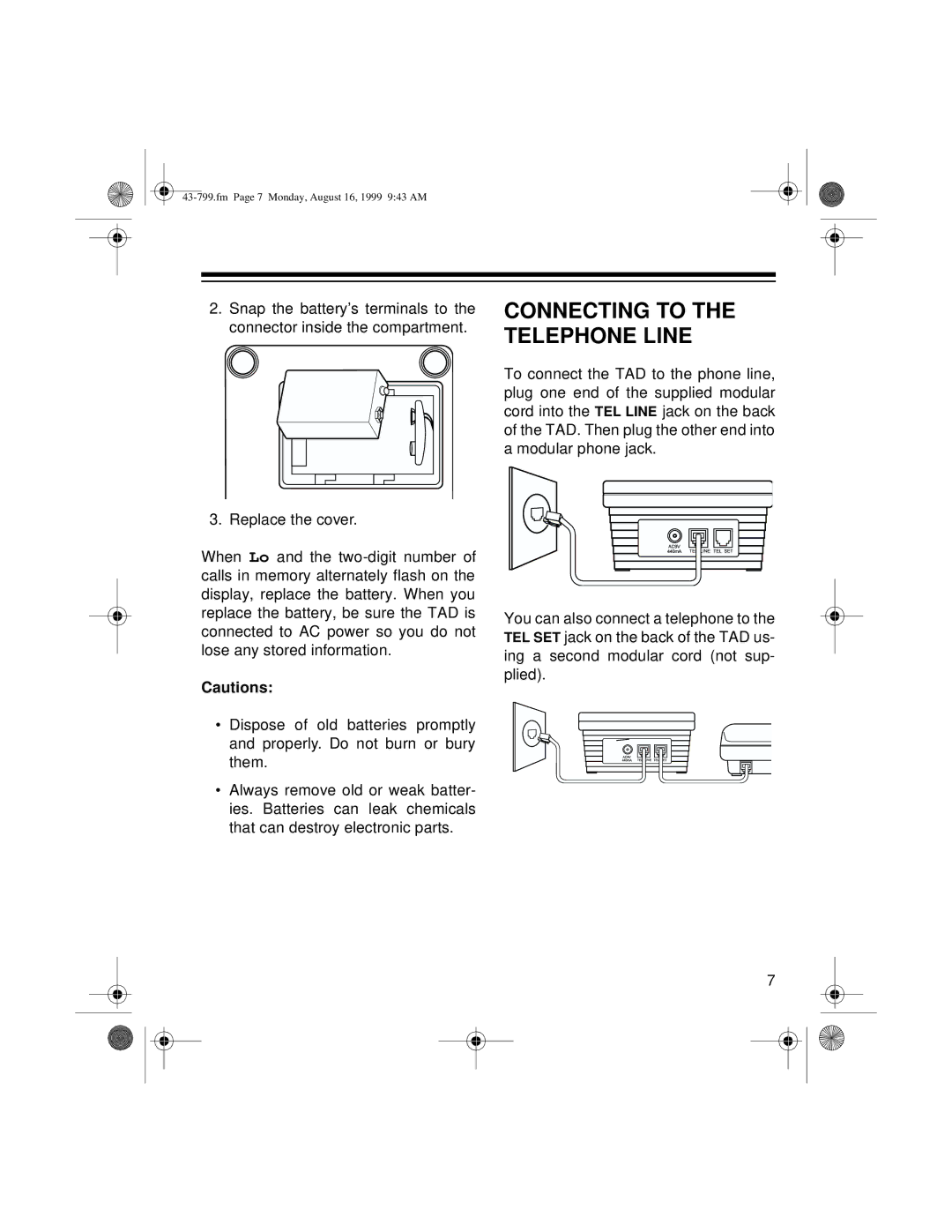 Radio Shack TAD-799 owner manual Connecting to the Telephone Line 