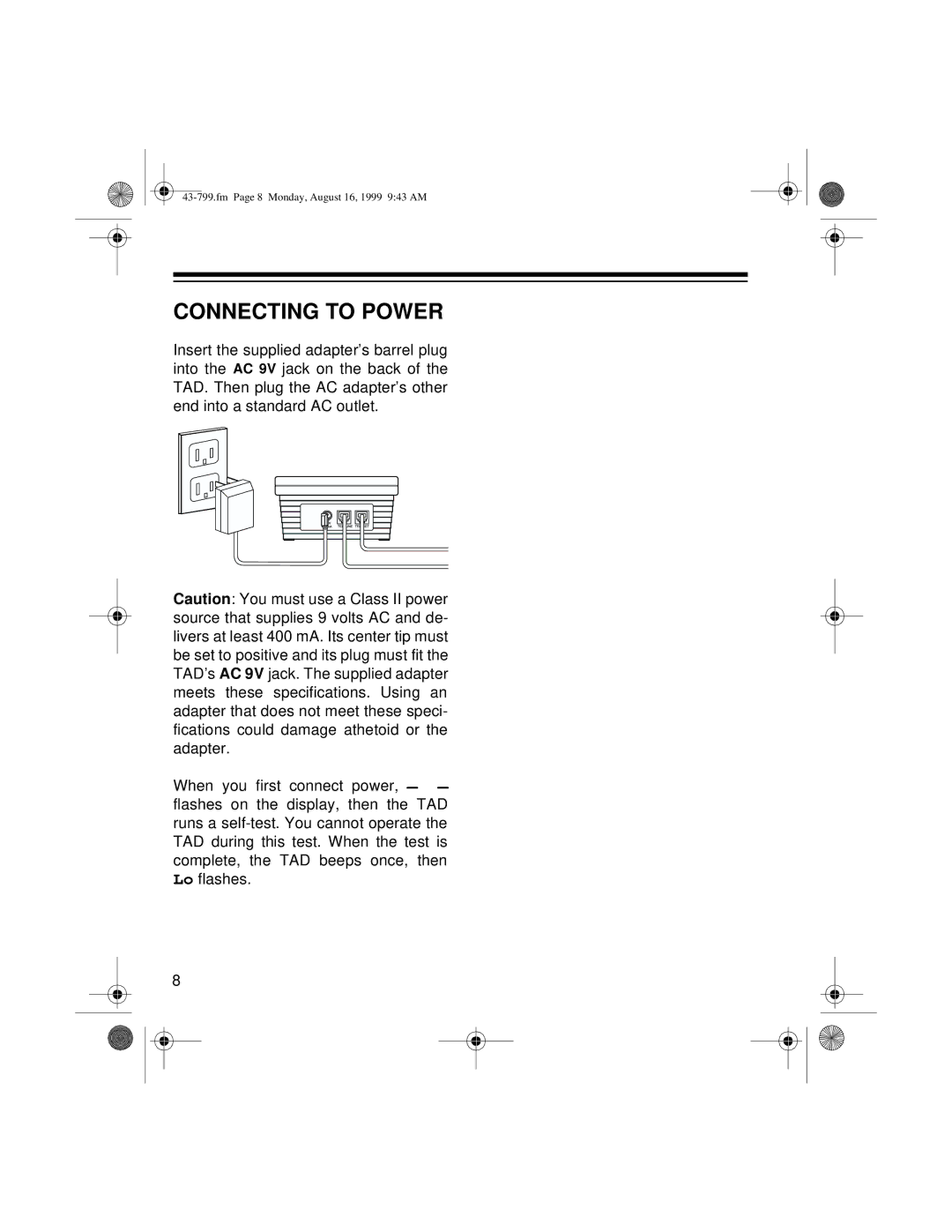 Radio Shack TAD-799 owner manual Connecting to Power 